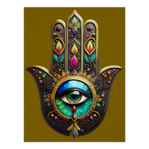 Póster Hamsa Dourado Marrom Colorido Olho Terceiro Arco-í