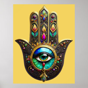 Poster Hamsa Dourado Marrom Colorido Olho Terceiro Arco-í