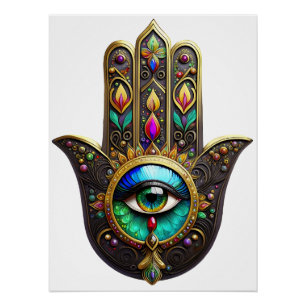 Póster Hamsa Dourado Marrom Colorido Terceiro Olho Arco-í