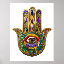 Poster Hamsa Dourado Pintado Olho Terceiro Rubi Ametista
