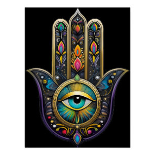 Póster Hamsa Preto Colorido com Terceiro Olho Turquesa