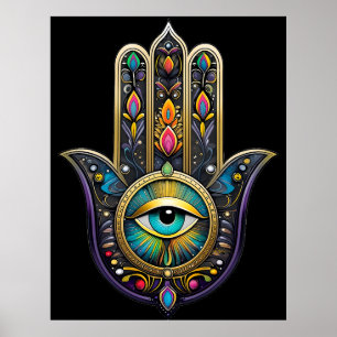 Poster Hamsa Preto Colorido com Terceiro Olho Turquesa