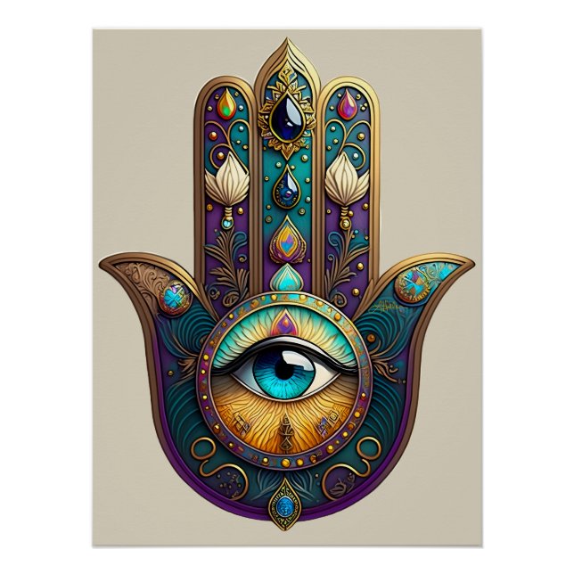Póster Hamsa Violeta Dourado Turquesa com Terceiro Olho T (Frente)