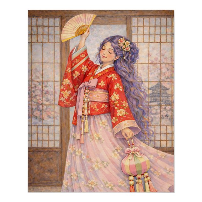 Póster Hanbok Elegante com Leque (Frente)
