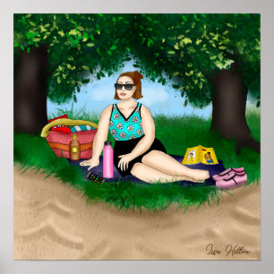 Poster Hand drawn Art Woman Relaxing at Beach