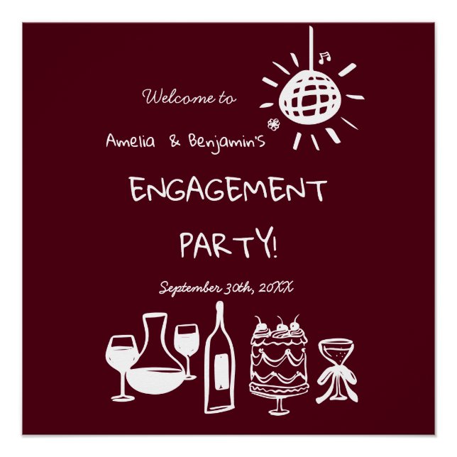 Póster Hand Drawn Engagement Party Wedding Welcome Sign. (Frente)