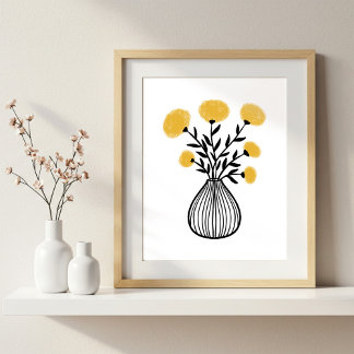 Poster Hand-Drawn Mixed Media Art Mustard Yellow Florals