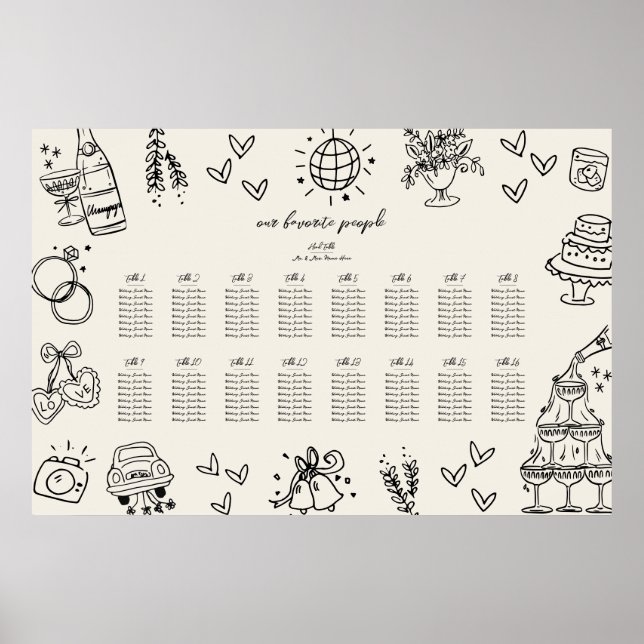 Poster Hand Drawn Vintage Whimsical Wedding Seating Chart (Frente)