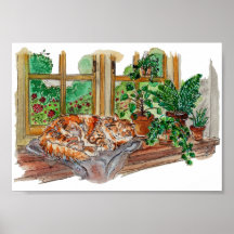 Hand Painted Cosy Window Cat Watercolor Art