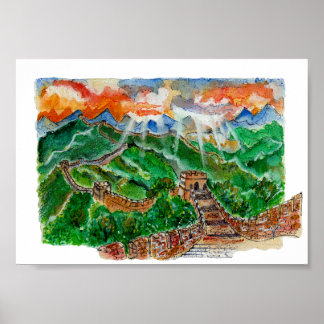 Poster Hand Painted Great Wall of China Watercolor Art