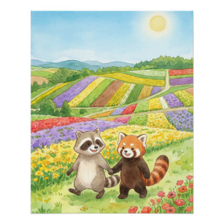 Póster Hand-Painted Raccoon & Red Panda Meadow