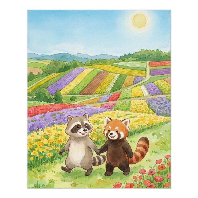 Póster Hand-Painted Raccoon & Red Panda Meadow (Frente)