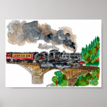 Hand Painted Steam Train Locomotive Watercolor