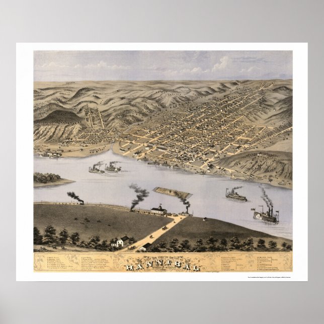 Póster Hannibal, MO Mapa Panorâmico - 1869 (Frente)