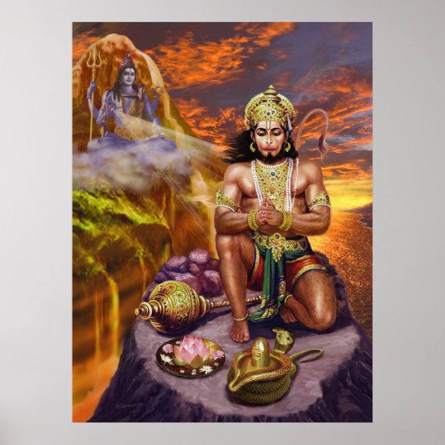 Poster Hanuman recebendo as bençãos de Shiva (Frente)