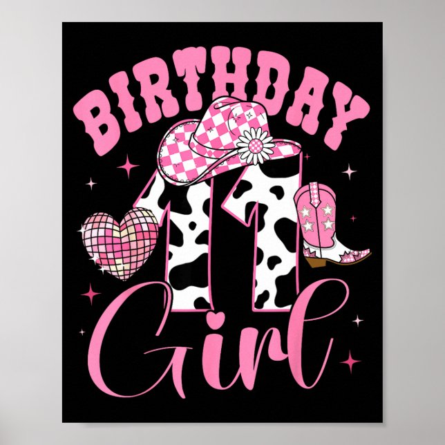 Poster Happy 11th Birthday Girl Outfit Rodeo Western Cowg (Frente)