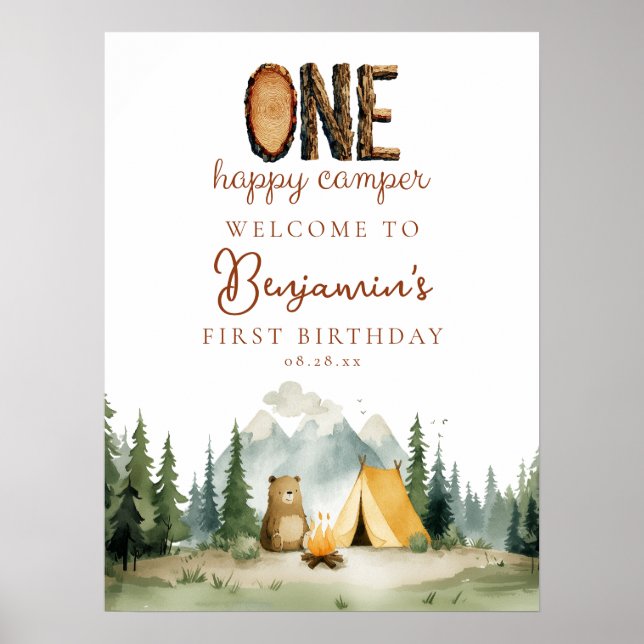 Poster Happy Camper Bear 1st Birthday Welcome Sign (Frente)