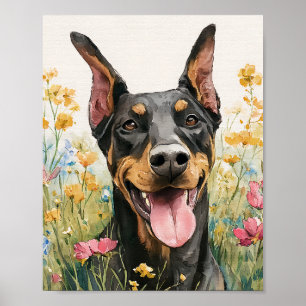 Poster Happy Doberman em flores silvestres - Arte canina