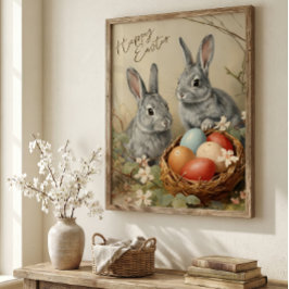 Poster Happy easter bunnies with easter eggs in basket
