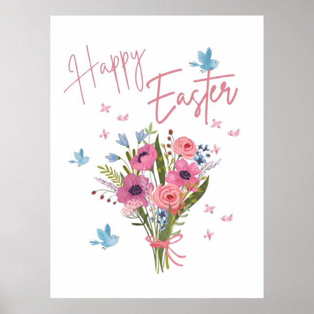 Poster Happy Easter Spring Floral Bouquet & Blue Birds (Frente)