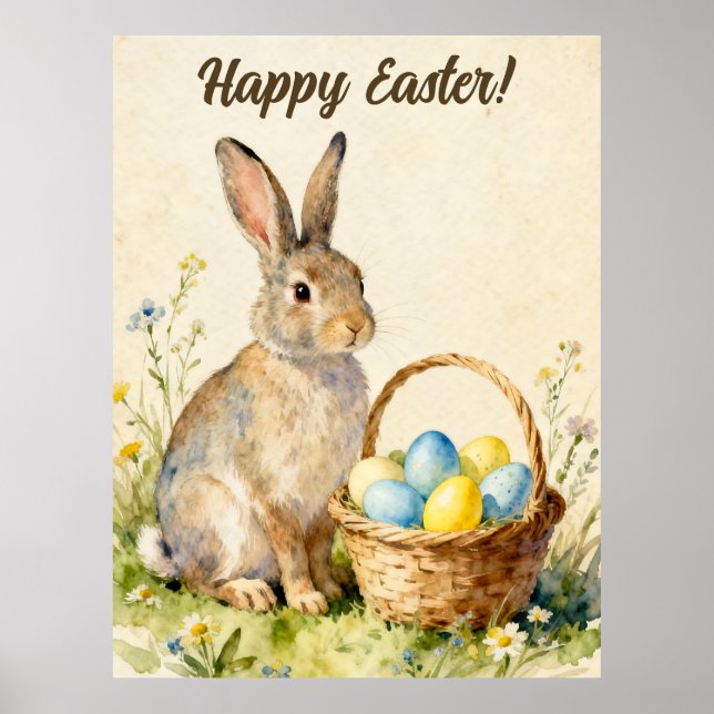 Poster Happy Easter Vintage Bunny with Egg Basket (Frente)