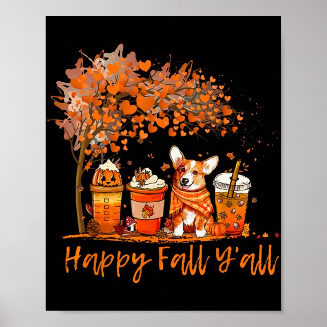 Poster Happy Fall Y'all Autumn Corgi Halloween Pumpkin Sp (Frente)