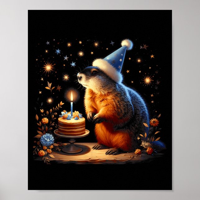 Poster Happy Groundhog Day Ground Hog With Birthday Cake  (Frente)