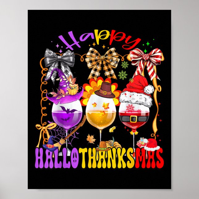 Poster Happy Hallothanksmas Wine Gl Halloween Thanksgivin (Frente)