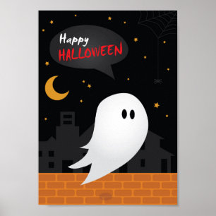 Poster Happy halloween cartoon ghost town night
