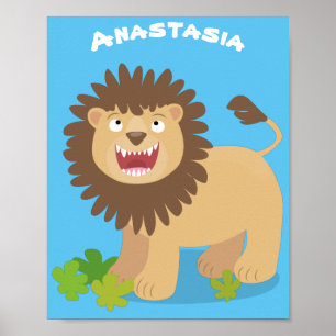 Poster Happy lion roaring cartoon illustration