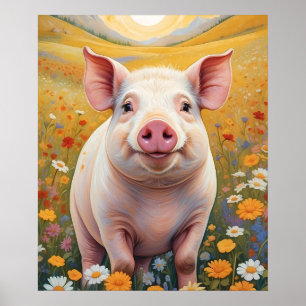 Poster Happy Little Pig Sunny Daisy Field