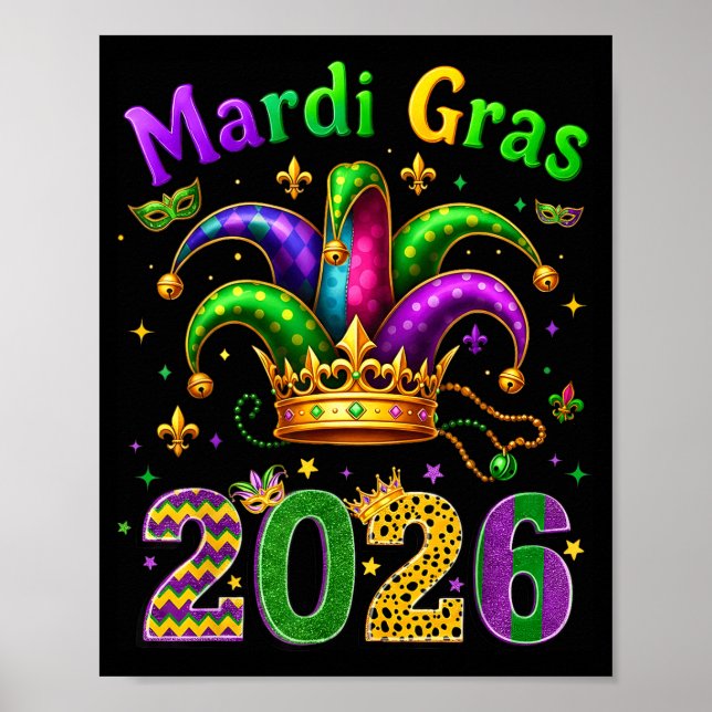 Poster Happy Mardi Gras 2026 Jester Hat Men Women Kid Car (Frente)
