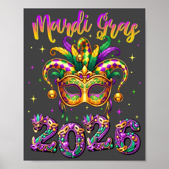 Poster Happy Mardi Gras Carnival 2026 Jester Hat Men Wome (Frente)