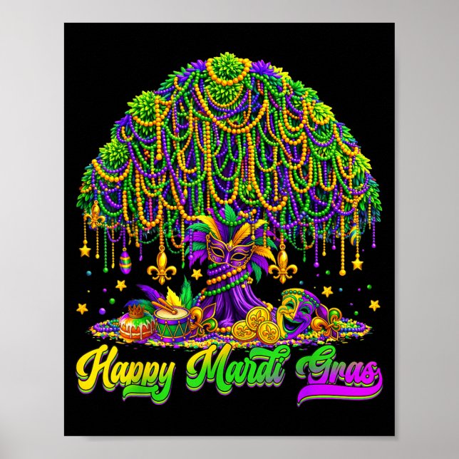 Poster Happy Mardi Gras Tree Beads Mask Carnival New Orle (Frente)