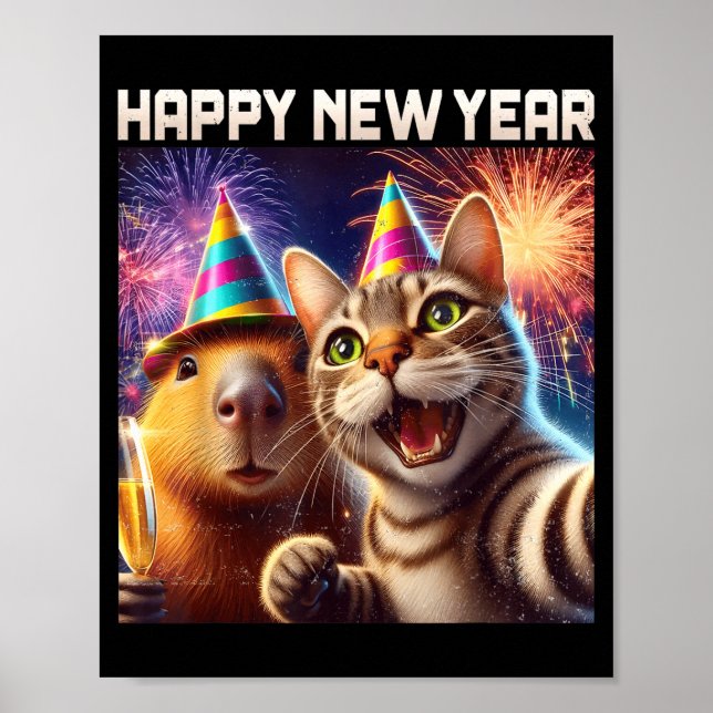 Poster Happy New Year 2026 Cute Cat Capybara Party Art  (Frente)