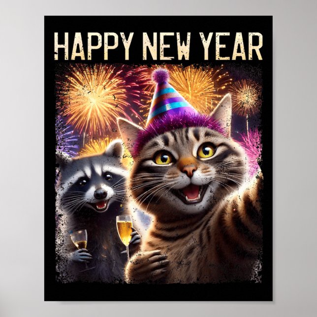 Poster Happy New Year 2026 Cute Cat Raccoon Celebration  (Frente)