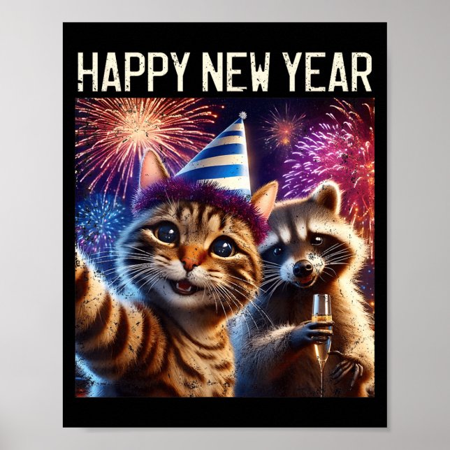 Poster Happy New Year 2026 Cute Cat Raccoon Celebration  (Frente)
