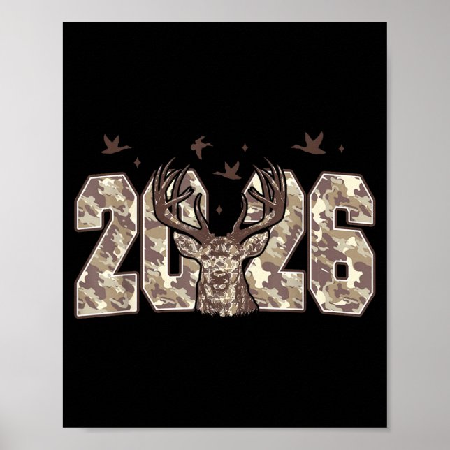 Poster Happy New Year 2026 Deer Buck Hunting Camo Camoufl (Frente)