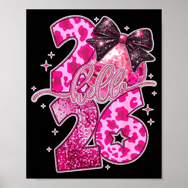Poster Happy New Year 2026 Disco Ball Bow New Year's Eve  (Frente)