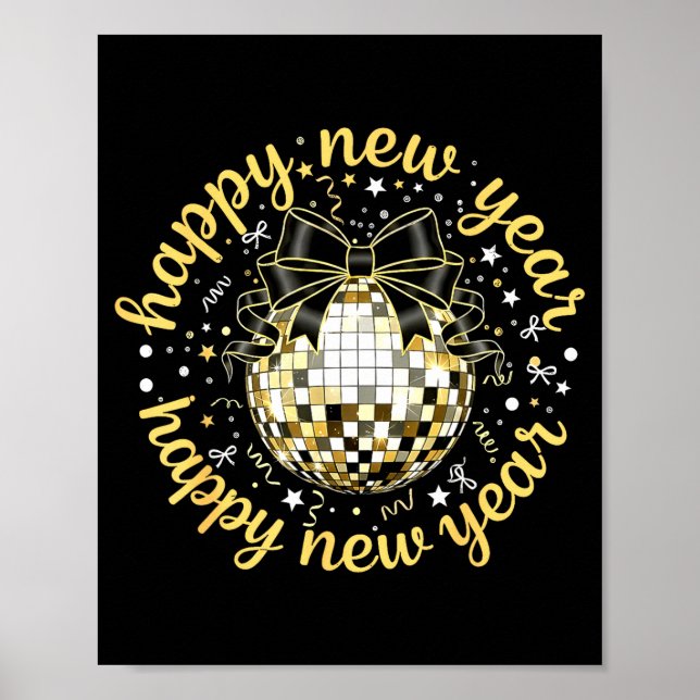 Poster Happy New Year 2026 Disco Ball Gold Bow Coquette C (Frente)