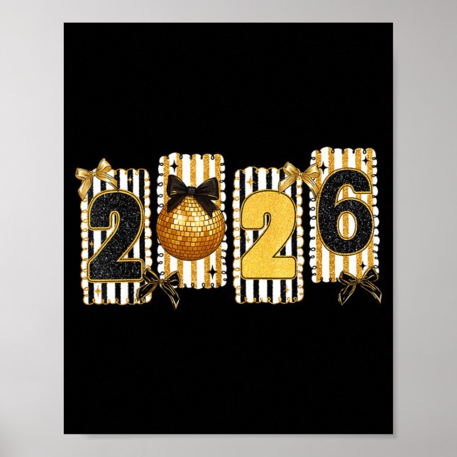 Poster Happy New Year 2026 Disco Ball Gold Coquette Bow F (Frente)