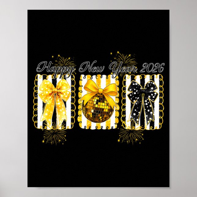 Poster Happy New Year 2026 Disco Ball Gold Coquette Bow F (Frente)