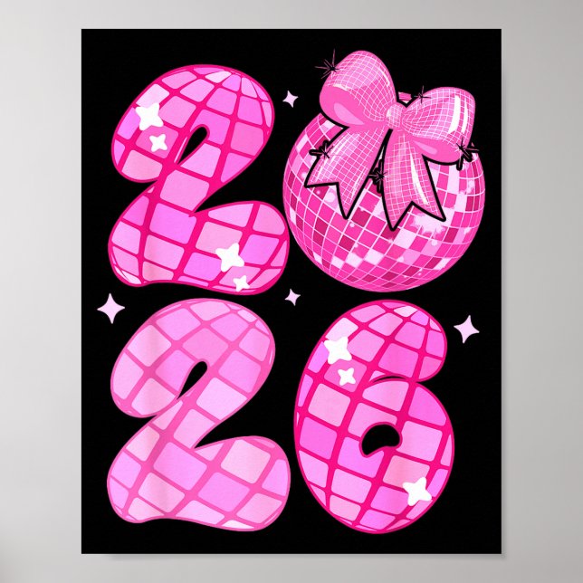Poster Happy New Year 2026 Disco Ball Nk Coquette Bow Fam (Frente)