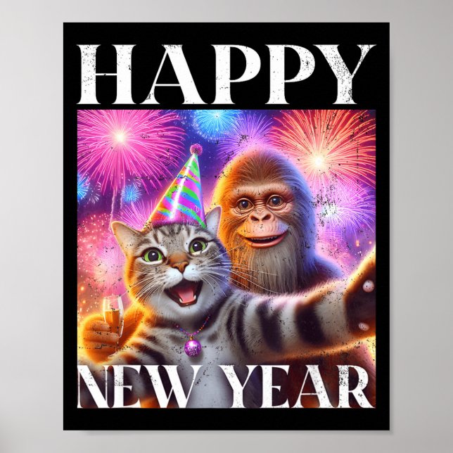 Poster Happy New Year 2026 Funny Cat Bigfoot Party Art  (Frente)