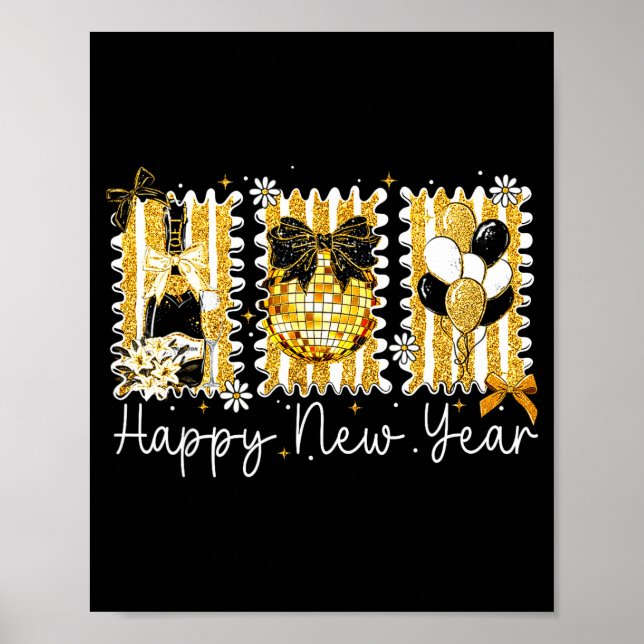Poster Happy New Year 2026 Gold Coquette Bow Disco Ball C (Frente)