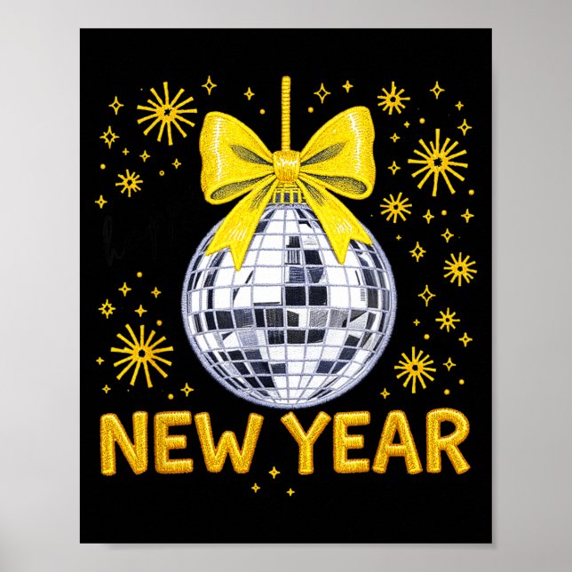 Poster Happy New Year 2026 Golden Disco Ball Bow New Year (Frente)