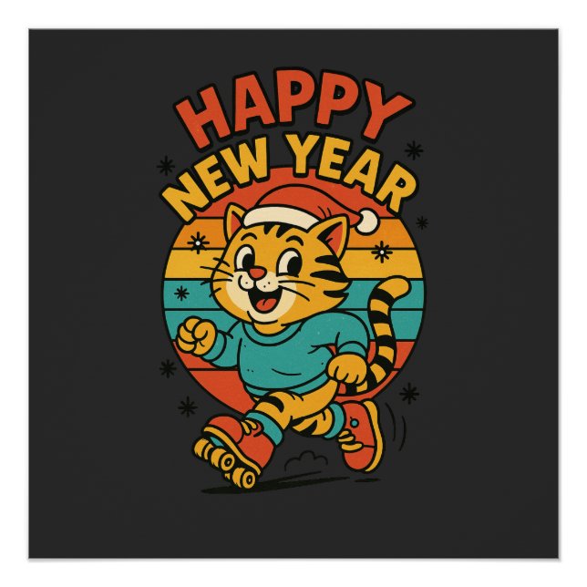 Póster Happy New Year Cat - Cute 80s Cartoon Skating   (Frente)