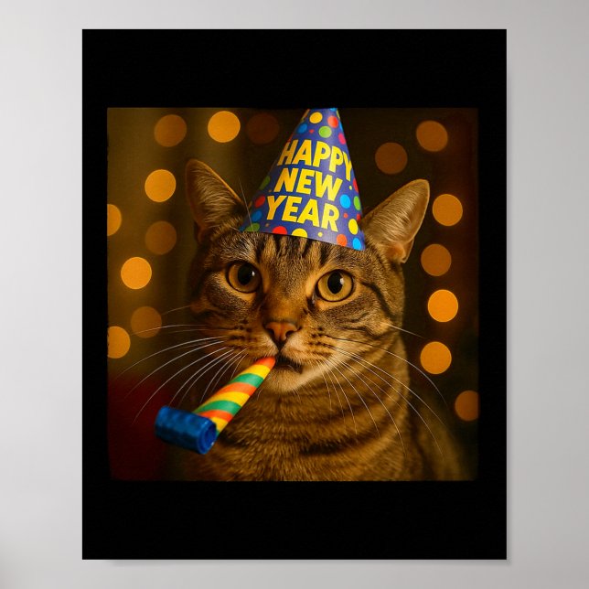 Poster Happy New Year Cat Funny Party Hat Feline Meme Cel (Frente)