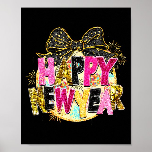 Poster Happy New Year Disco Ball Coquette Bow New Years E (Frente)