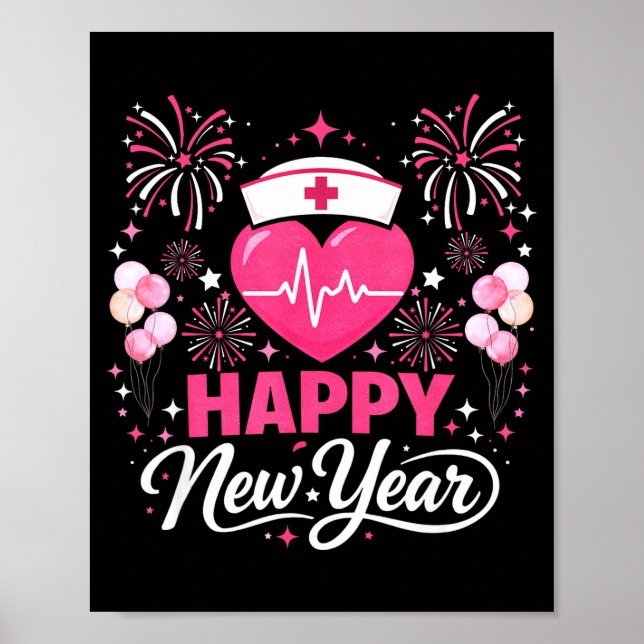 Poster Happy New Year Nurse Crew Heartbeat Medical Celebr (Frente)